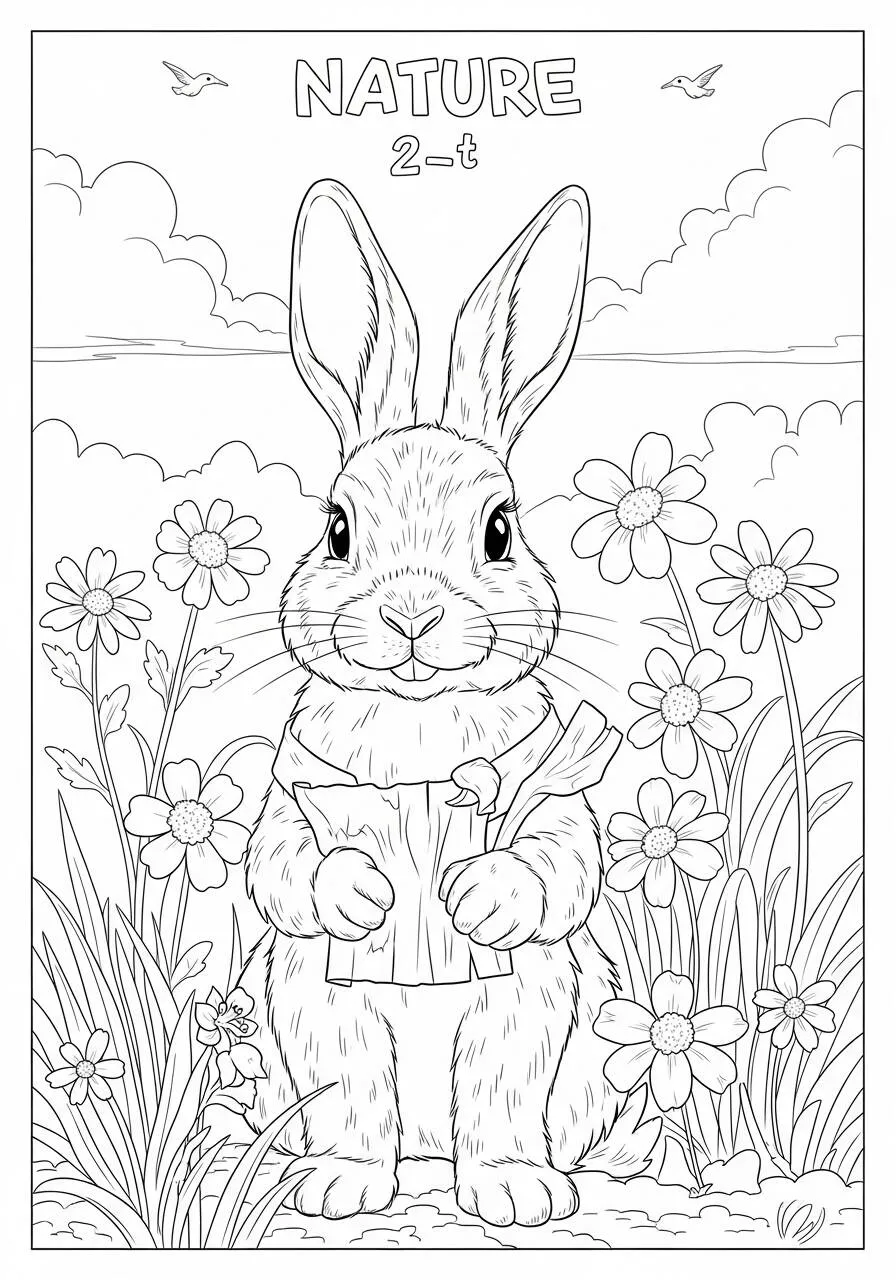 Dibujo de Conejo de la naturaleza entre flores para colorear