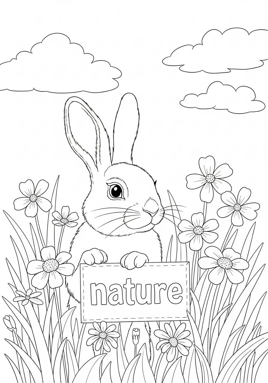 Dibujo de Conejo de la naturaleza entre flores para colorear