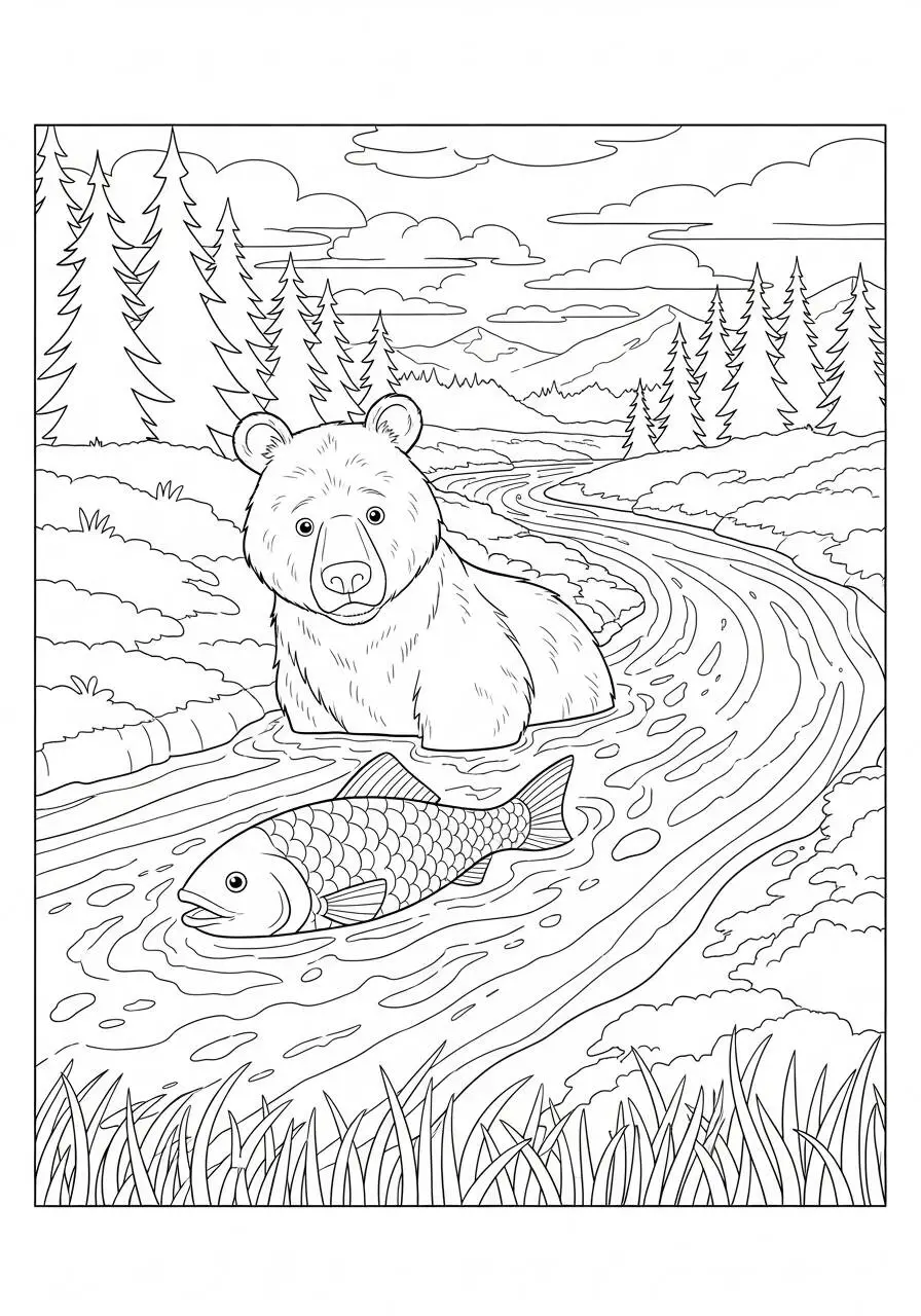 Página para colorear de osos y peces de la naturaleza en el río