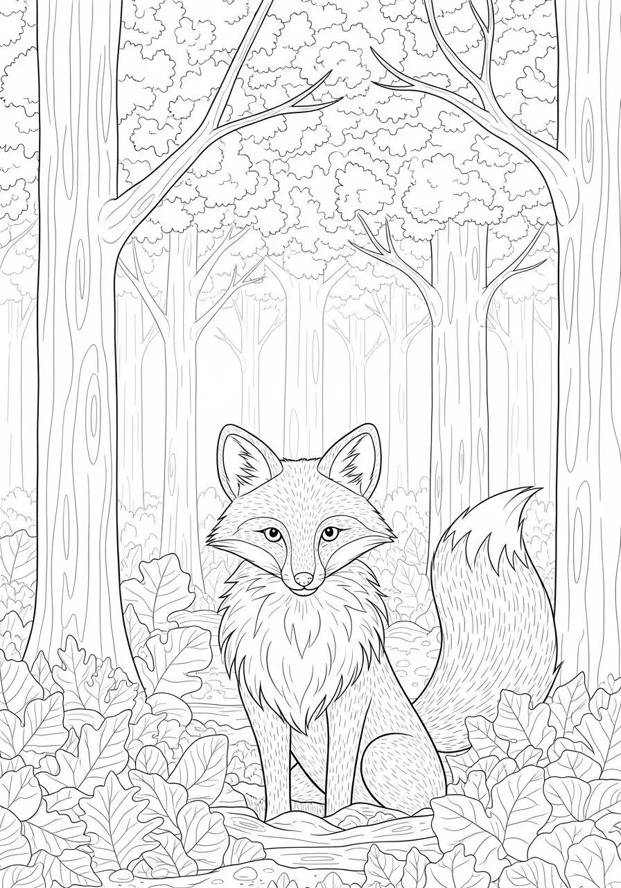 Zorro en el bosque Naturaleza Dibujo para colorear