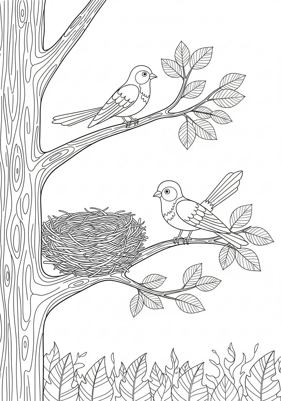 Página para colorear de nido de pájaro natural en un árbol