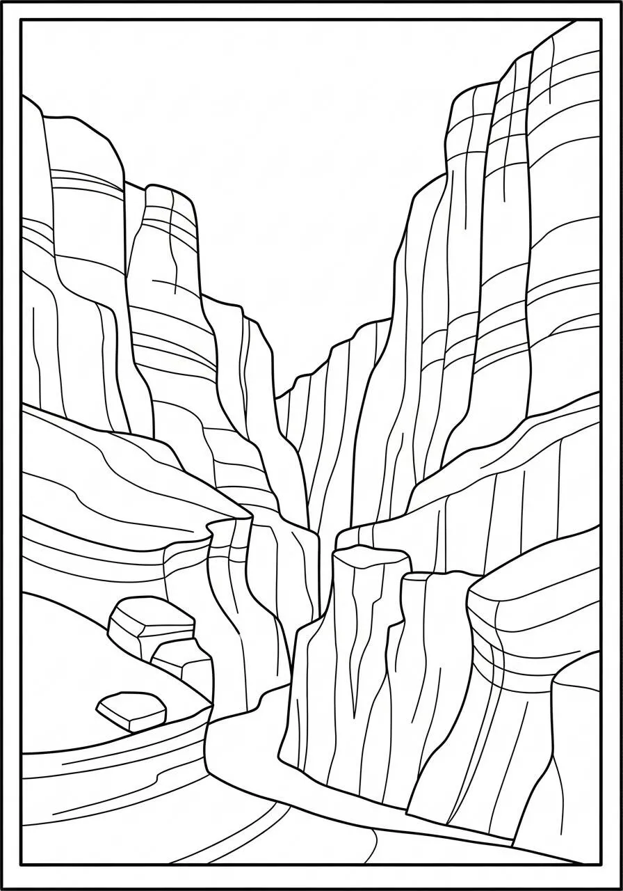 Página para colorear de la naturaleza del cañón con montañas