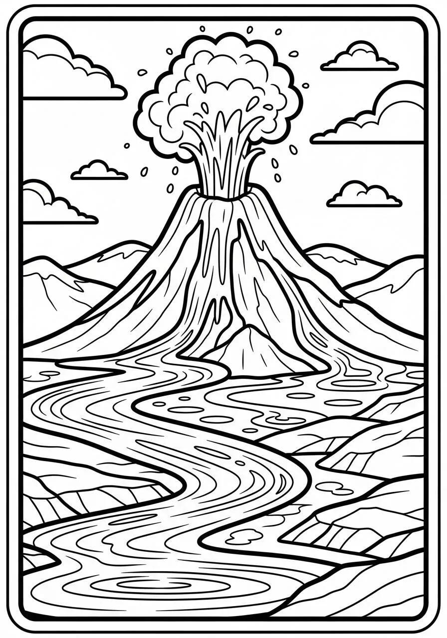 Naturaleza Volcán en erupción con río Página para colorear