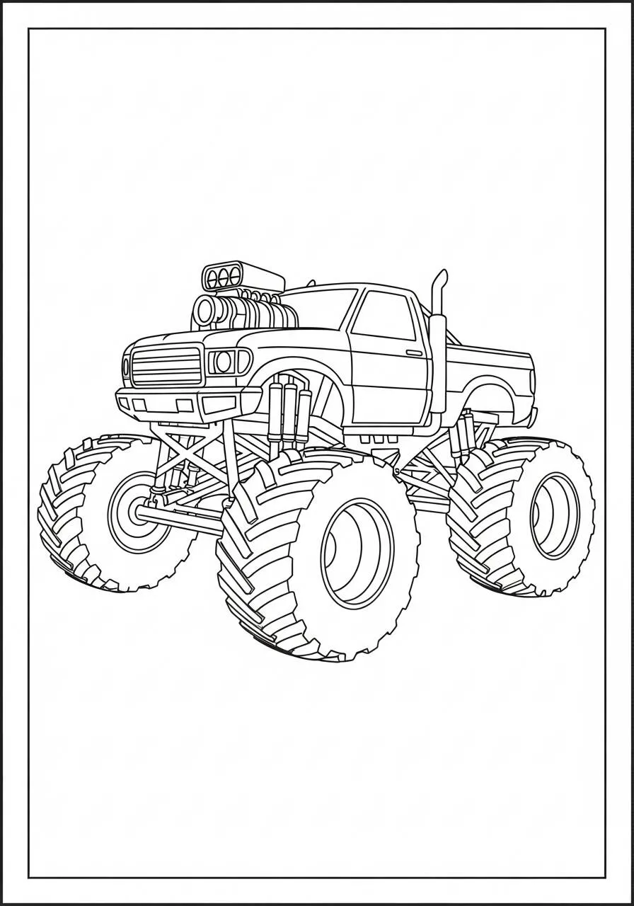 Dibujo para colorear camión monstruo con norias y potente motor