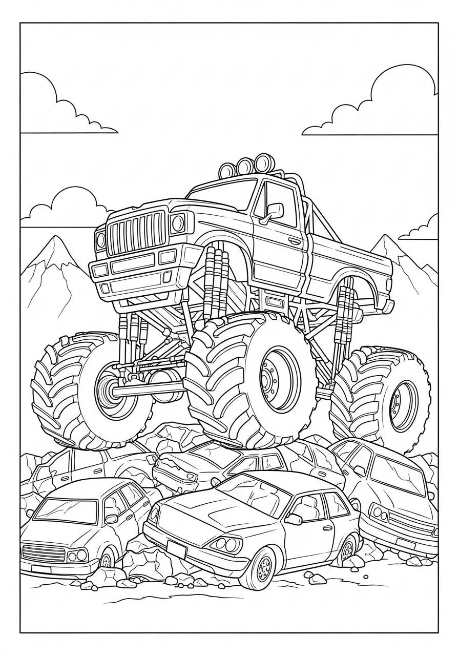 camión monstruo Destrozando Coches Página Para Colorear