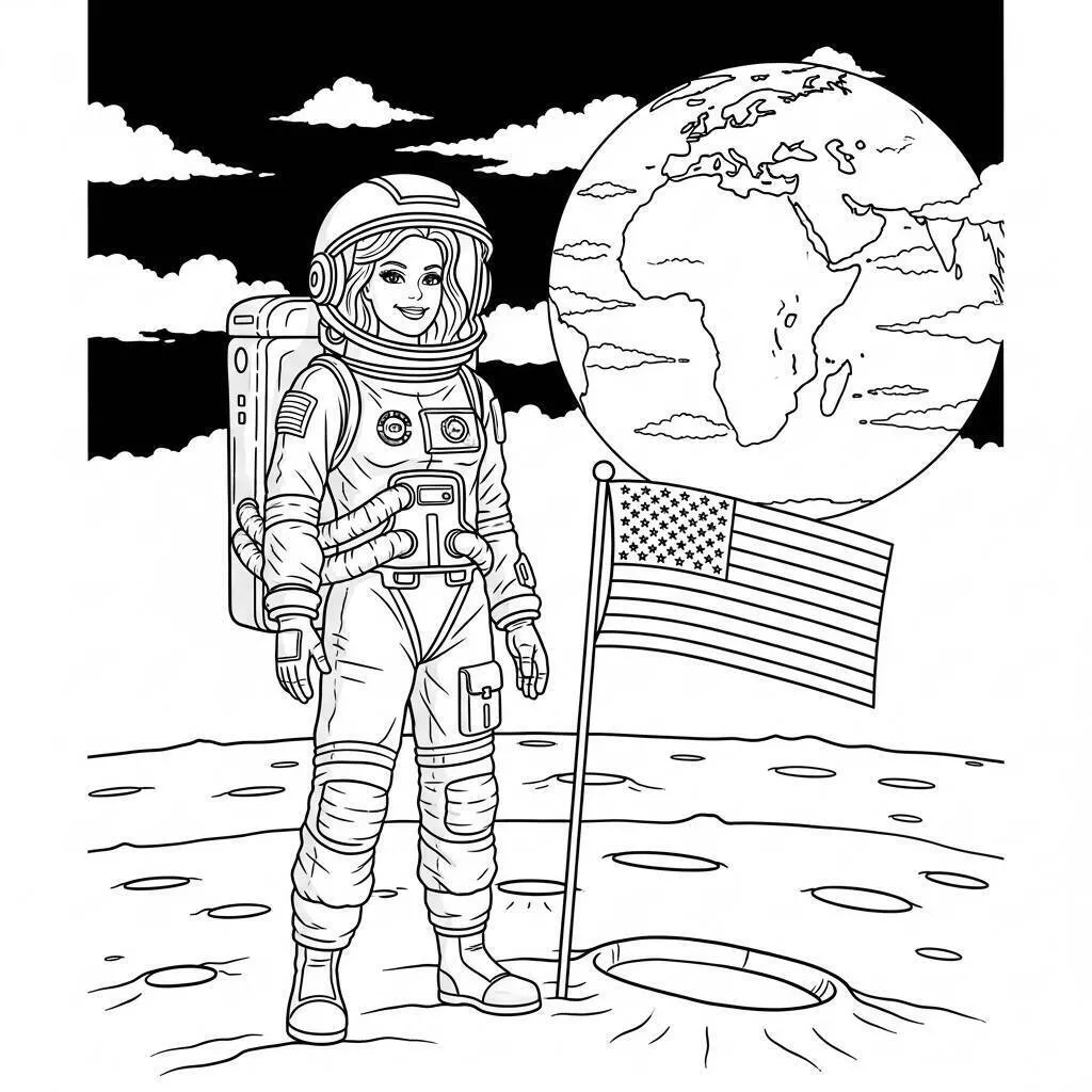 Barbie-Astronaut auf dem Mond zum Ausmalen