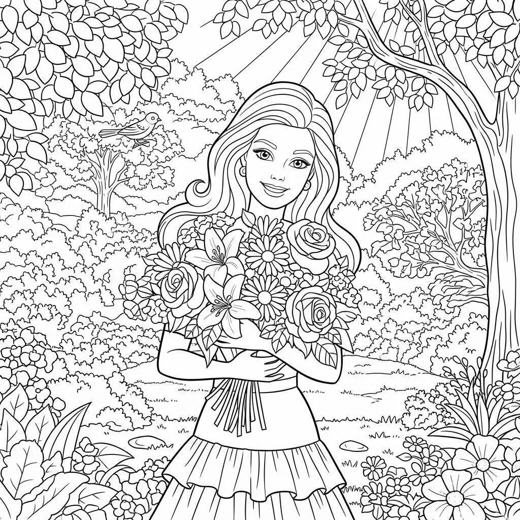 Barbie mit Blumen in einem verzauberten Garten Malvorlage