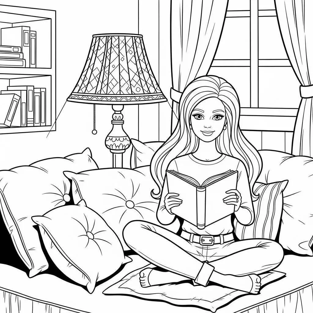 Barbie leyendo un libro en su habitación para colorear