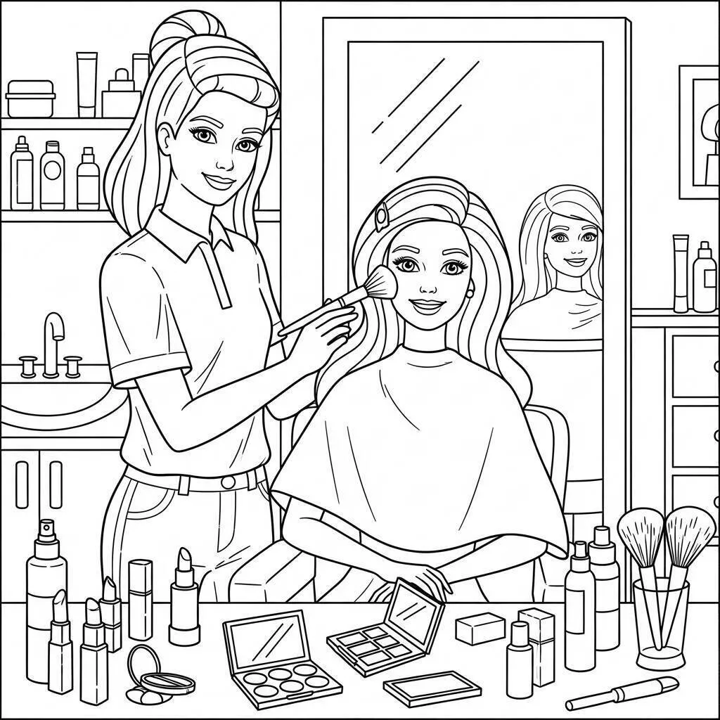 Barbie maquillando a una amiga para colorear