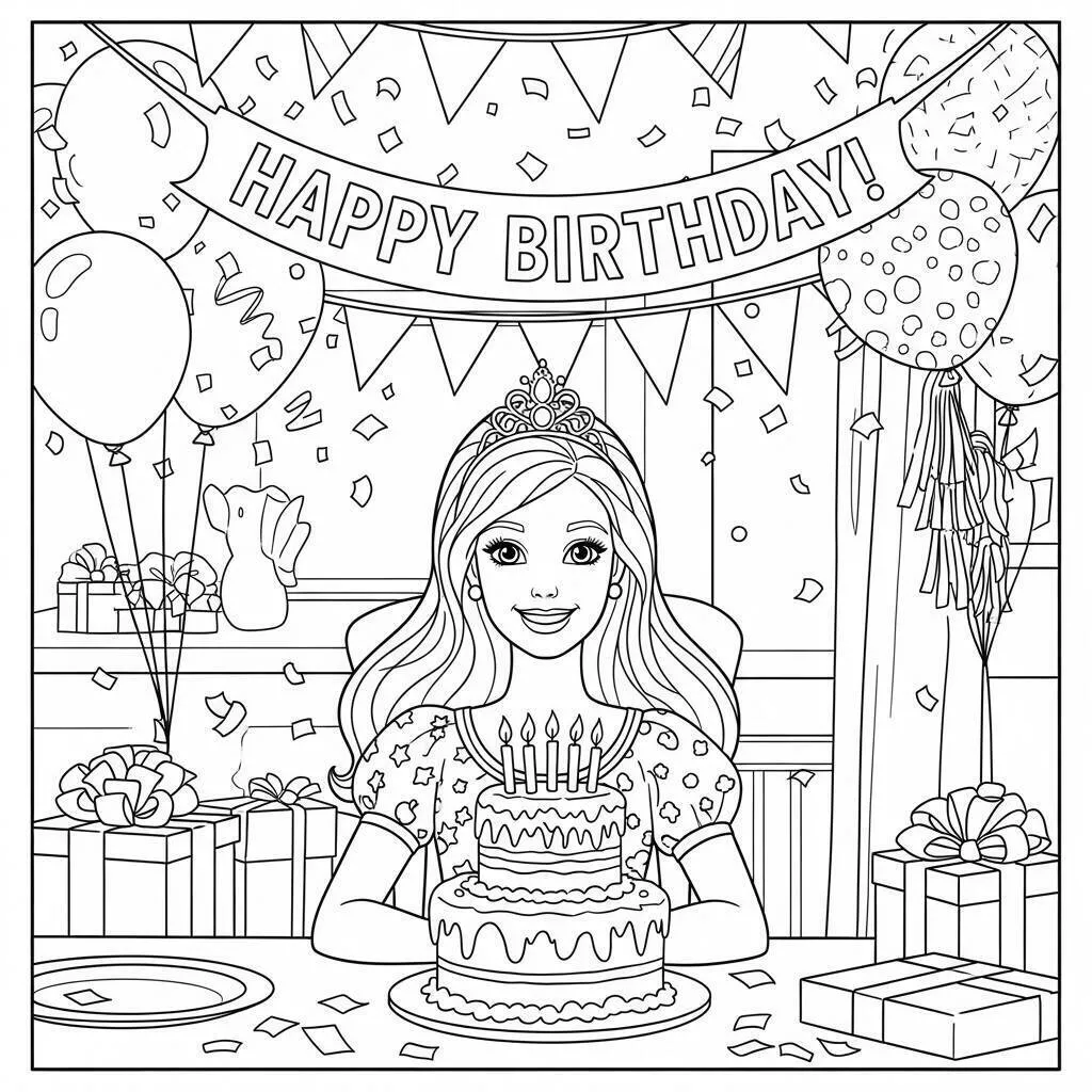 Barbie celebrando su cumpleaños con pastel y globos para colorear