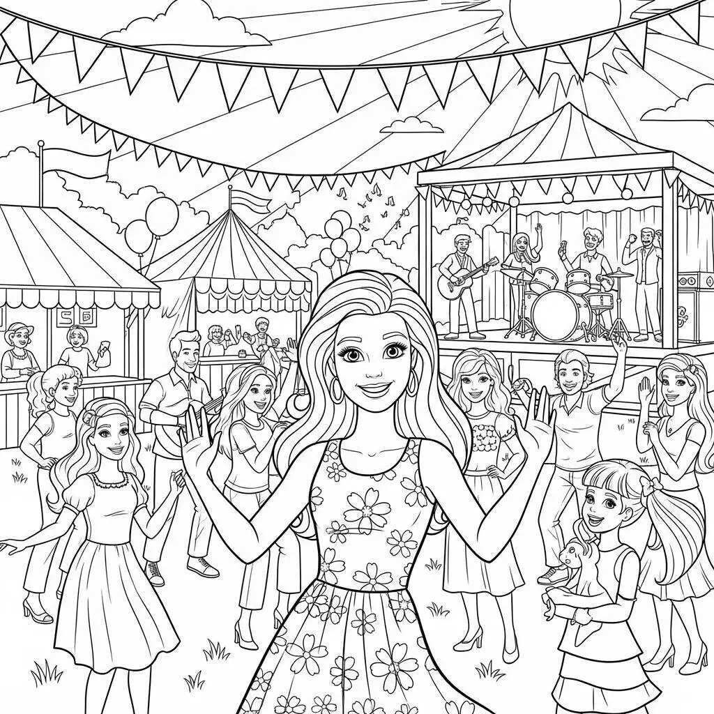Kolorowanka lalka Barbie na przyjęciu urodzinowym