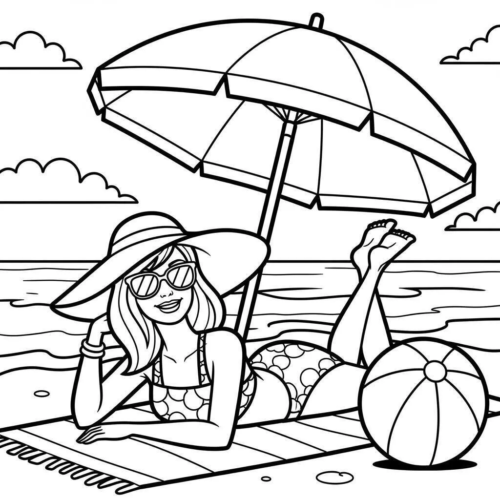 Malvorlage Barbie am Strand mit Regenschirm