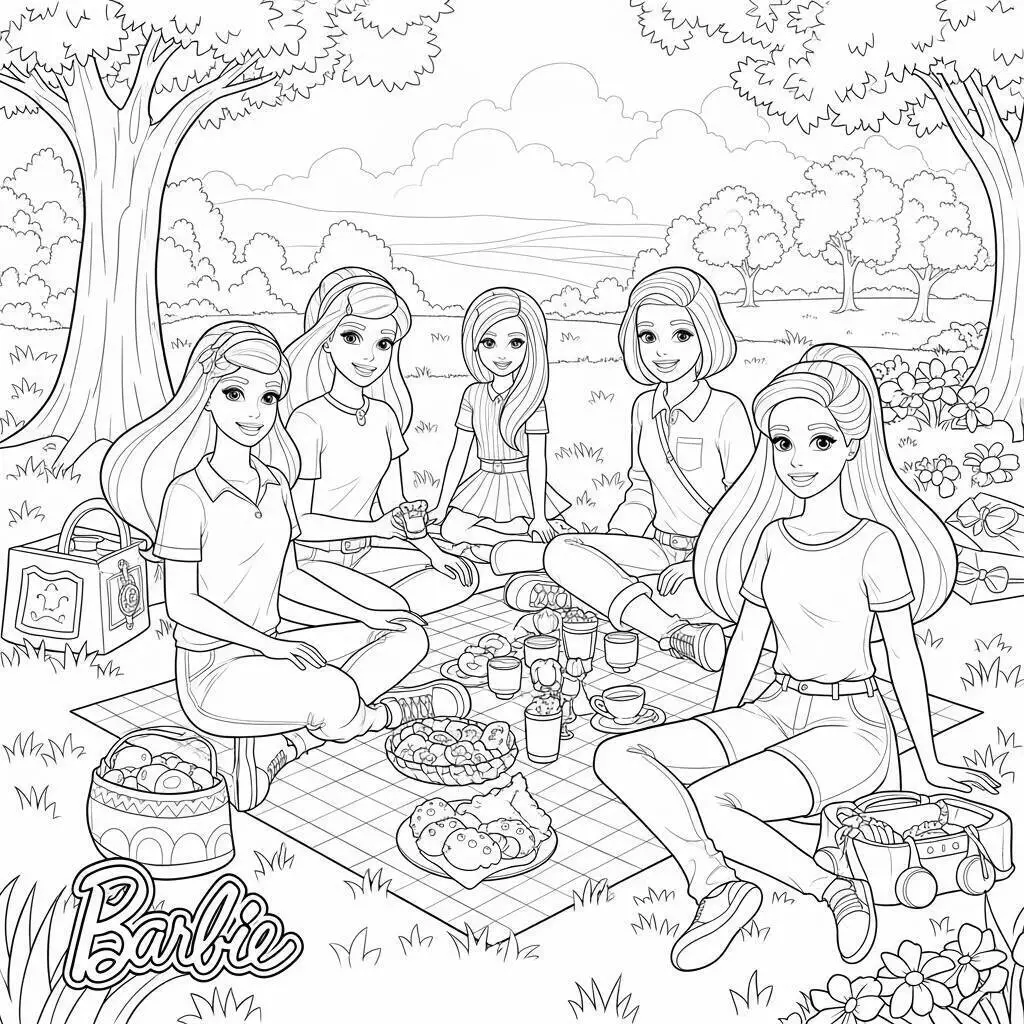 Malvorlage Barbie beim Picknick mit Freunden