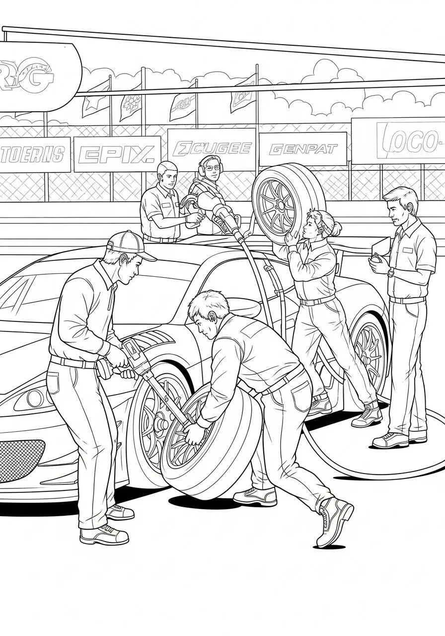 Coche de carreras en parada en boxes Página para colorear