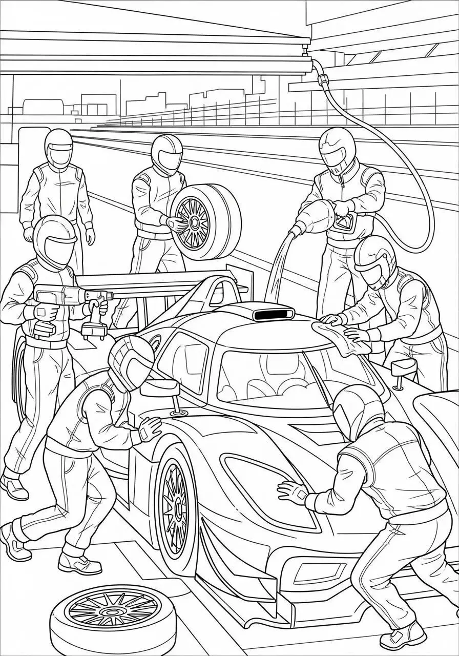 Coche de carreras en parada en boxes Página para colorear