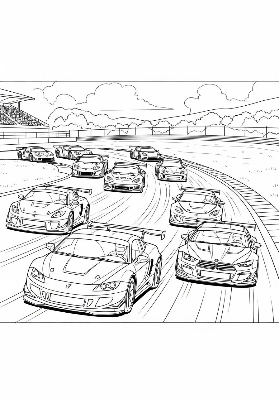 Desenho de Carros de Corrida na Pista em Alta Velocidade para Colorir