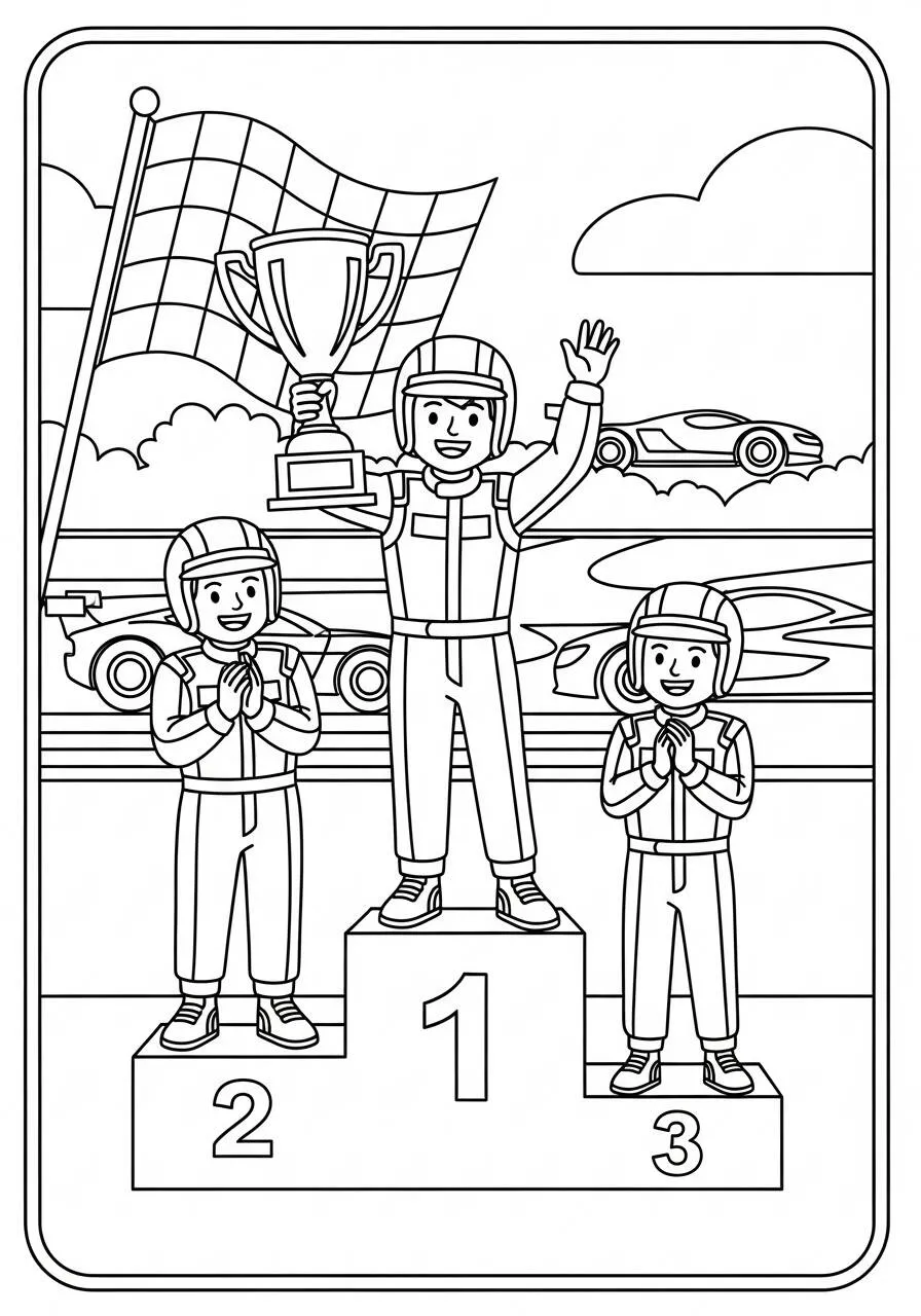 Desenho de Carro de Corrida com Vencedores no Pódio para Colorir