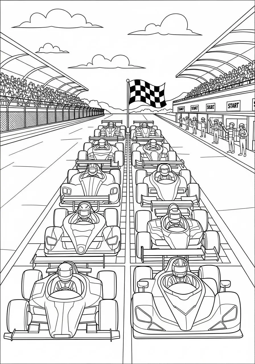 Coches de carreras en la línea de meta para colorear