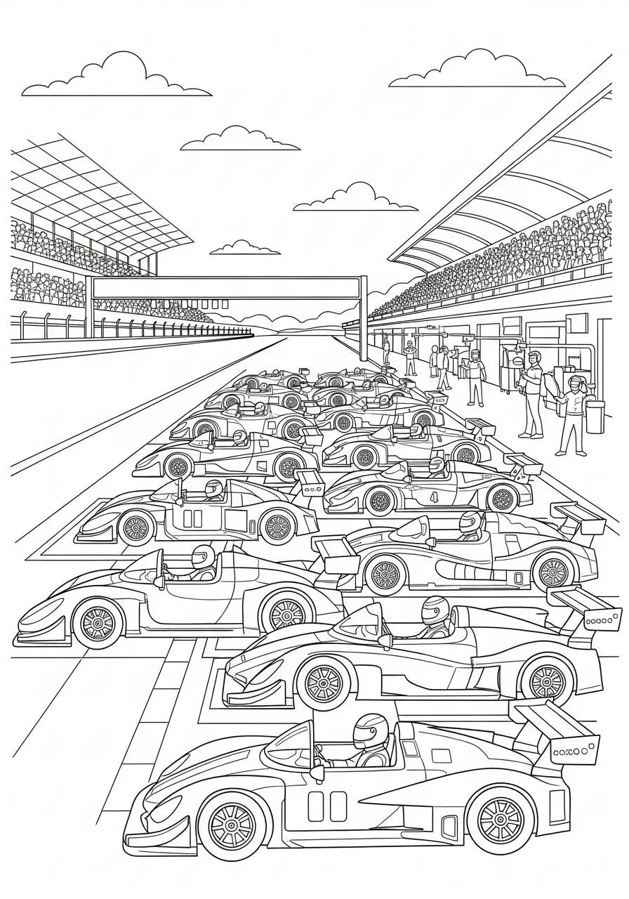 Coches de carreras en la pista de carreras Dibujo para colorear
