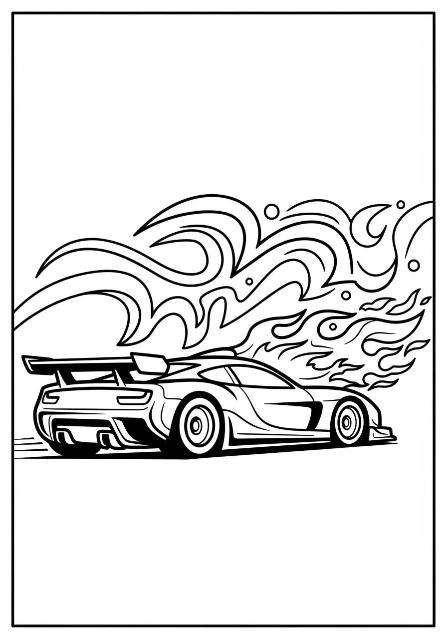 Coche de carreras con llamas Dibujo para colorear