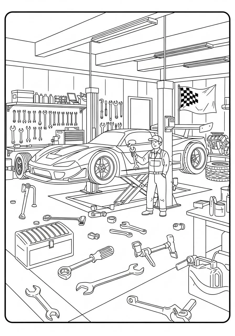 Coche de carreras en el taller Dibujo para colorear