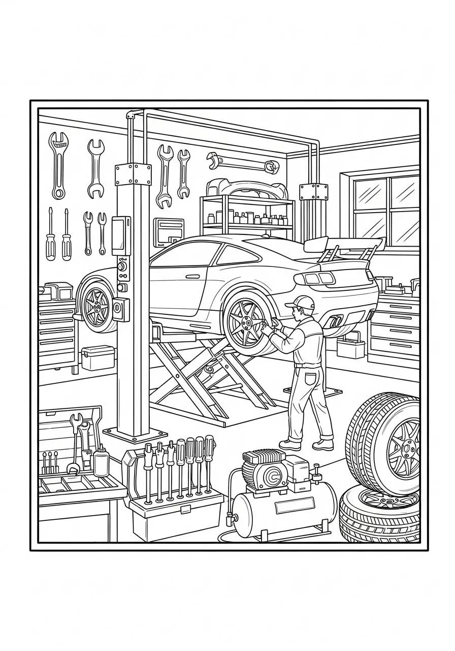 Coche de carreras en el taller Página para colorear