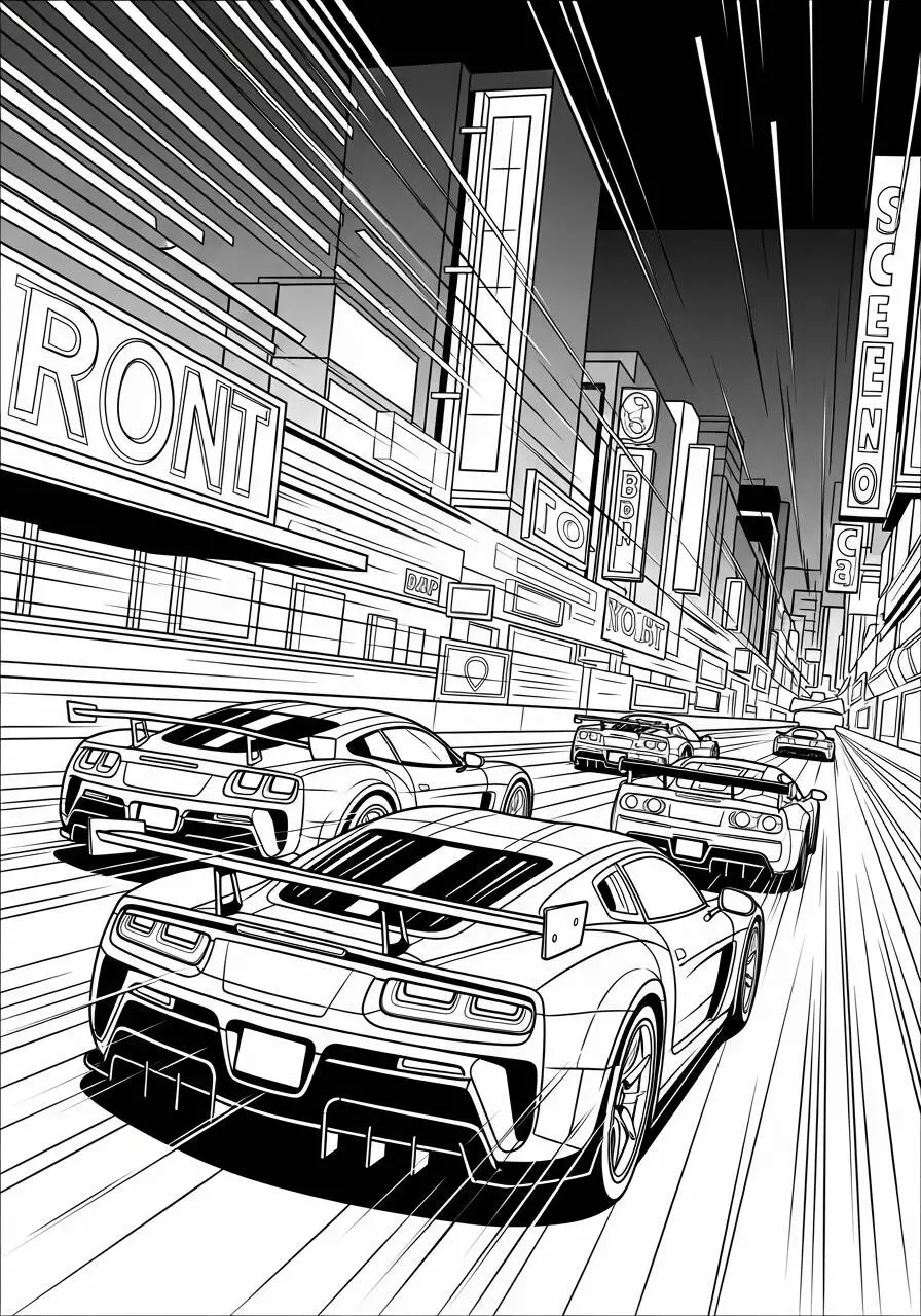 Pagina da colorare di auto da corsa ad alta velocità in città