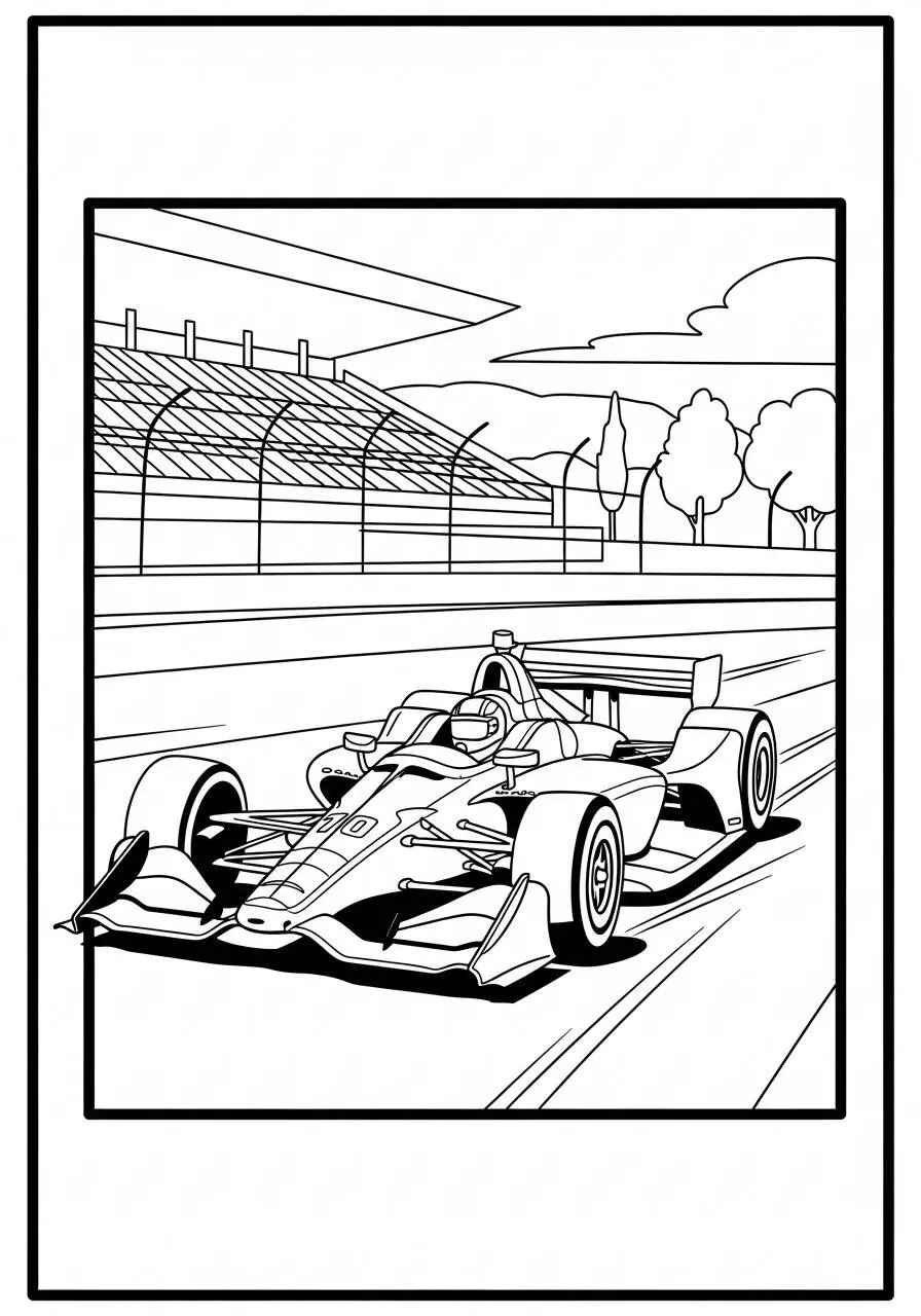 Coloriage Voiture de course sur la piste de Formule 1