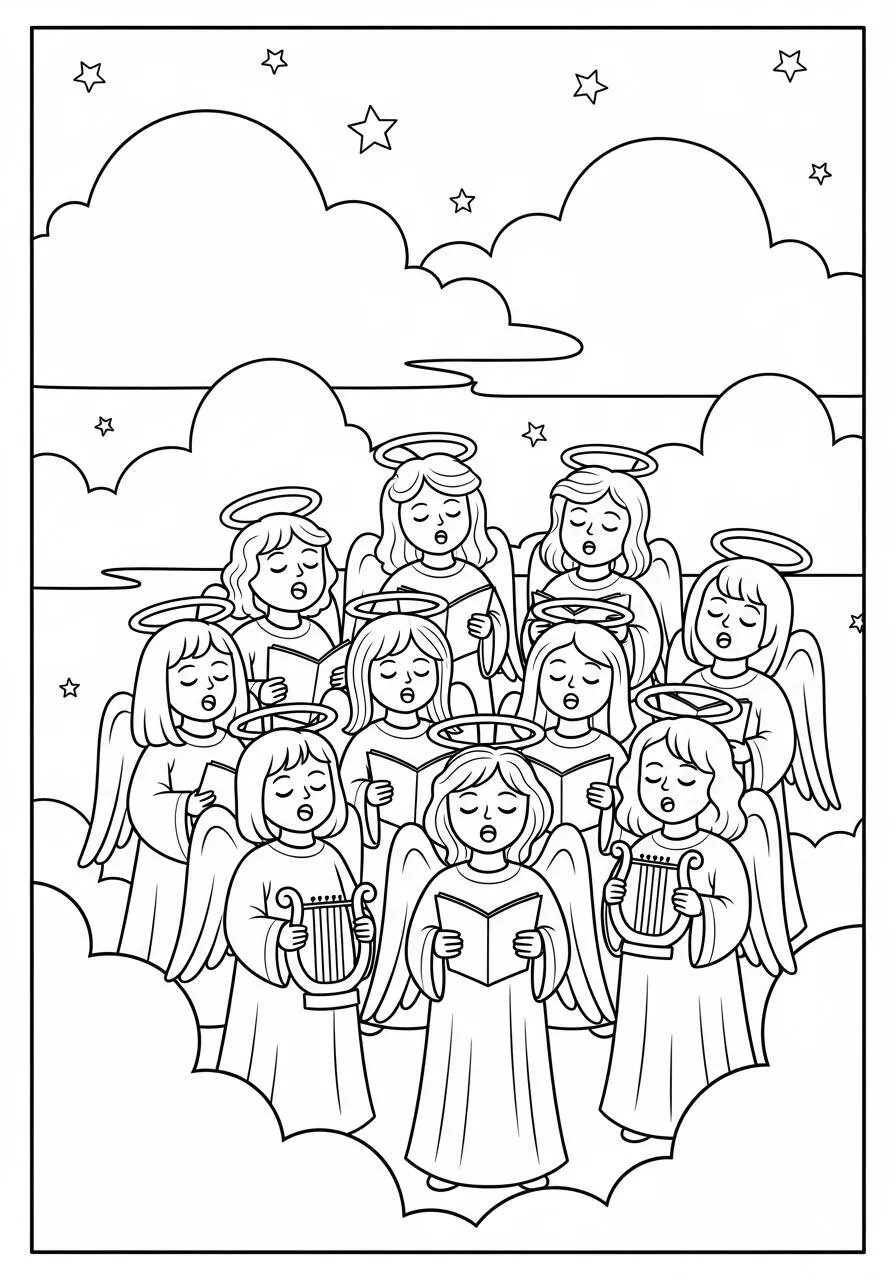 Angeli che cantano tra le nuvole da colorare
