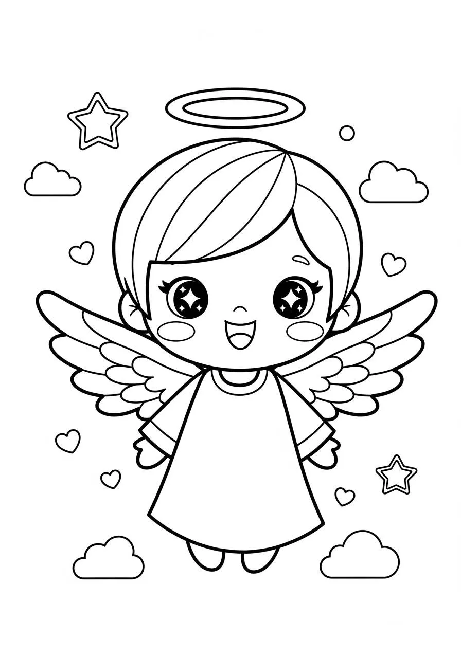 Pagina da colorare di Angelo Kawaii con cuore