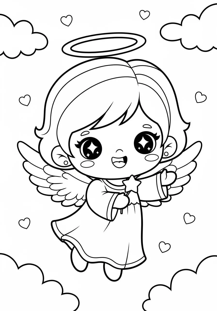 Pagina da colorare di Angelo Kawaii con cuore