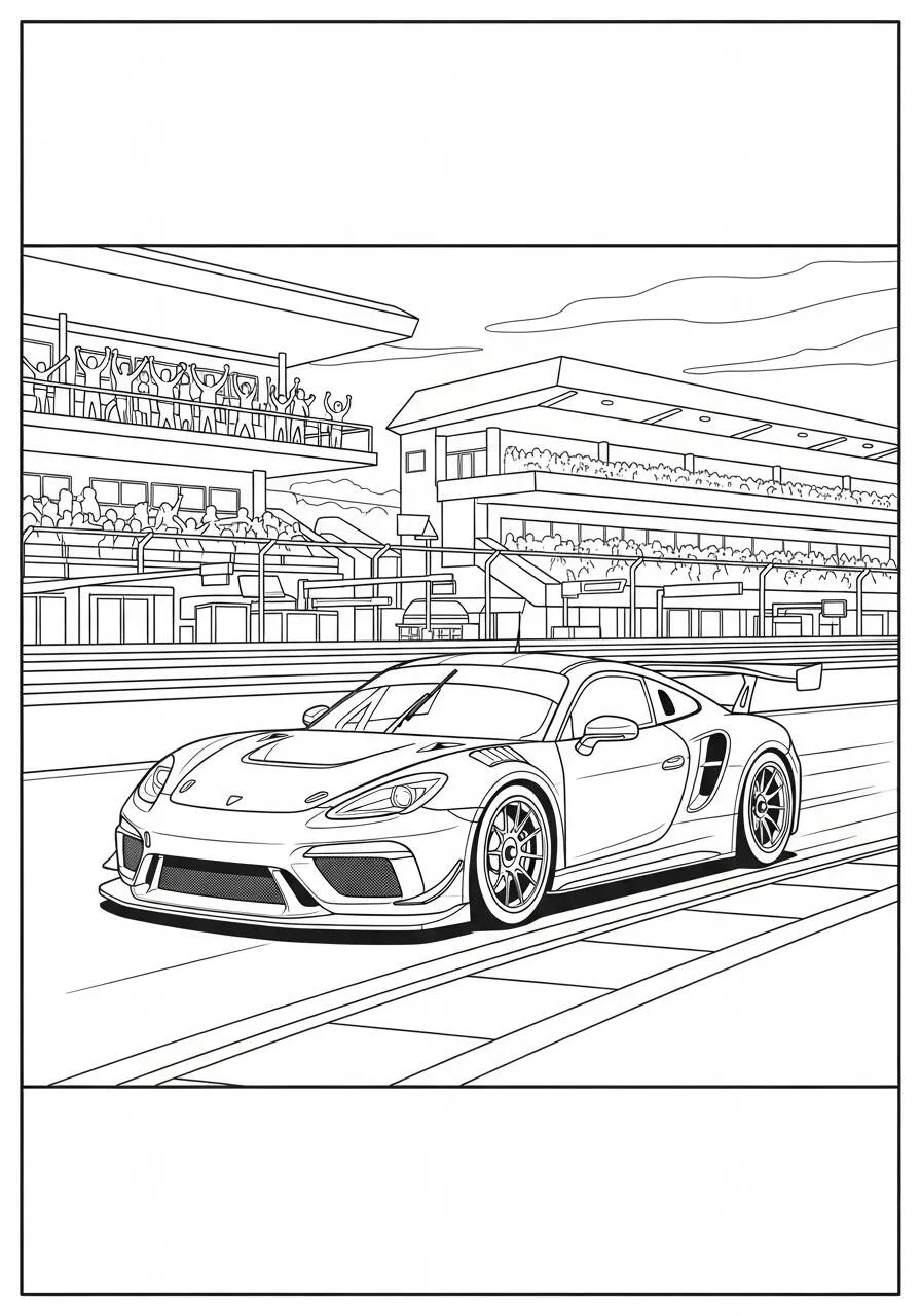Coche de carreras en la pista con el público para colorear