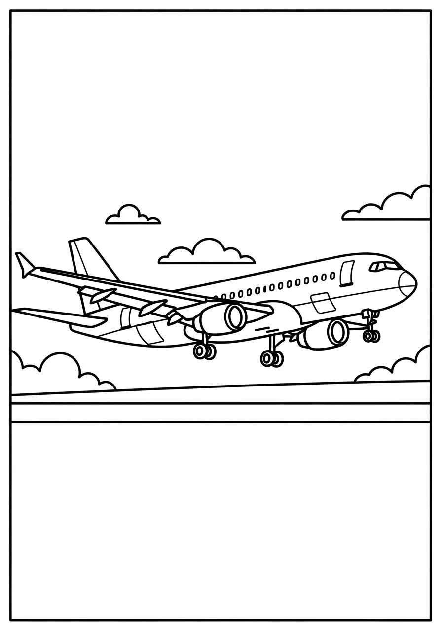 Ausmalbild: Passagierflugzeug startet in den Wolken