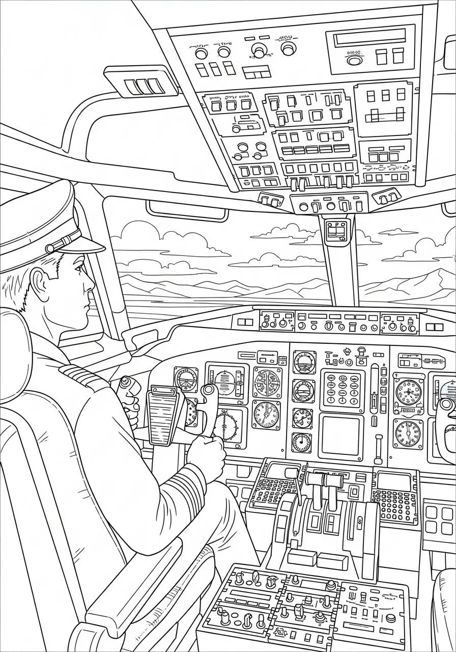 Ausmalbild: Flugzeug im Cockpit