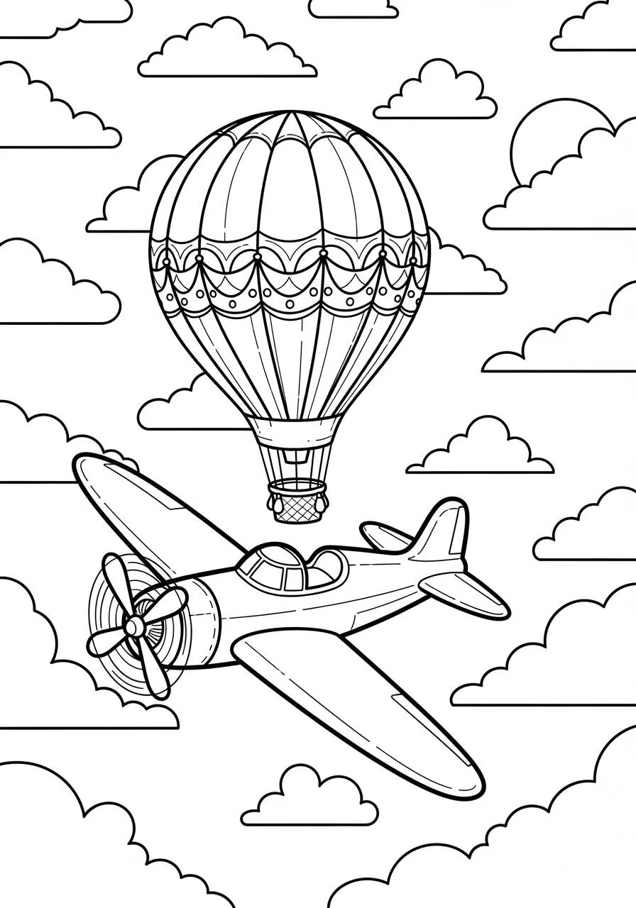 Dibujo de Avión y globo aerostático en las nubes para colorear