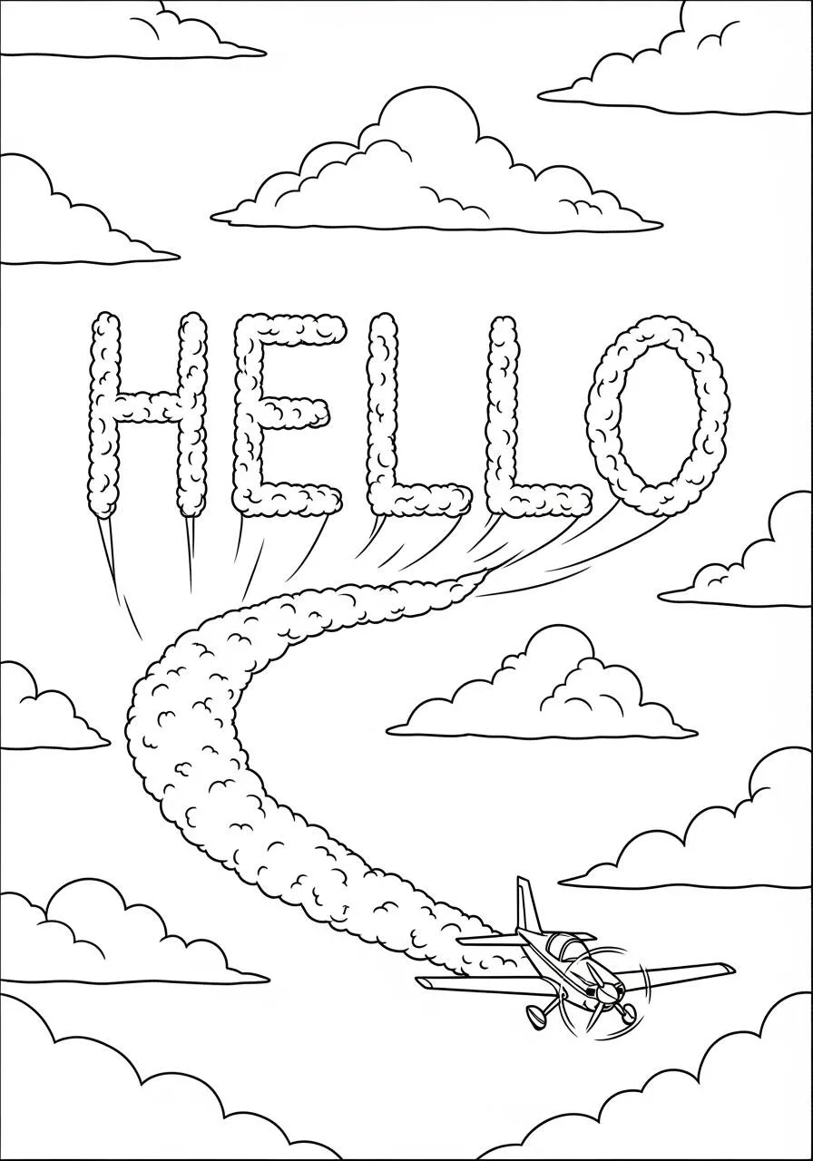 Avión escribiendo 'HOLA' en las Nubes para Colorear