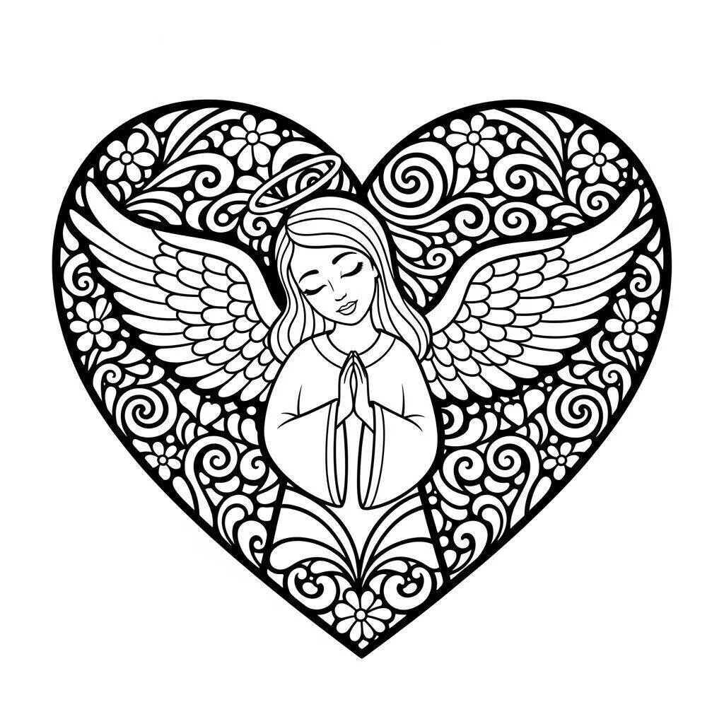 Pagina da colorare di Angelo nel cuore decorato