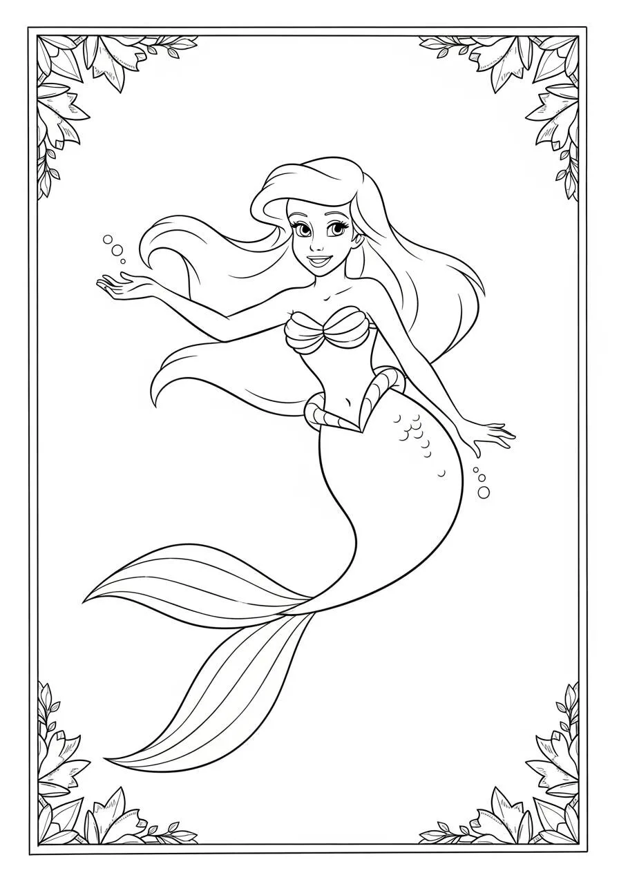 Pagina da colorare della sirena Ariel con sfondo floreale