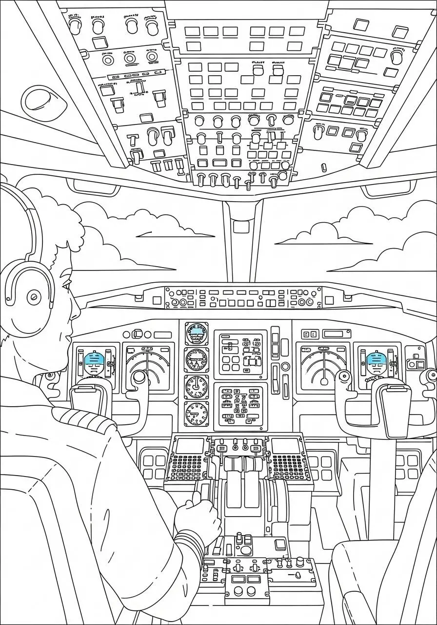 Página para colorear de avión en la cabina