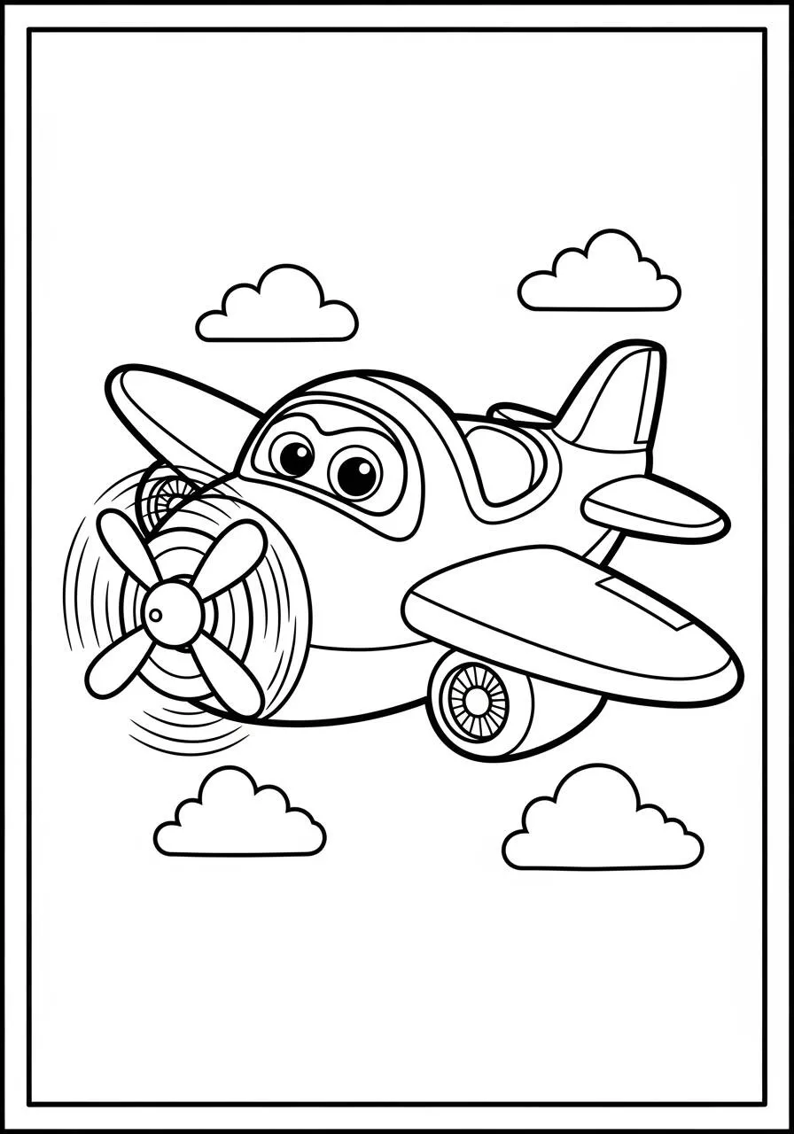 Divertida página para colorear de avión con nubes