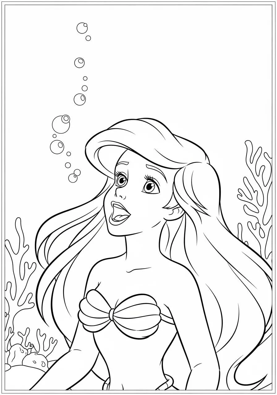 Pagina da colorare di Ariel Sirena con i capelli lunghi