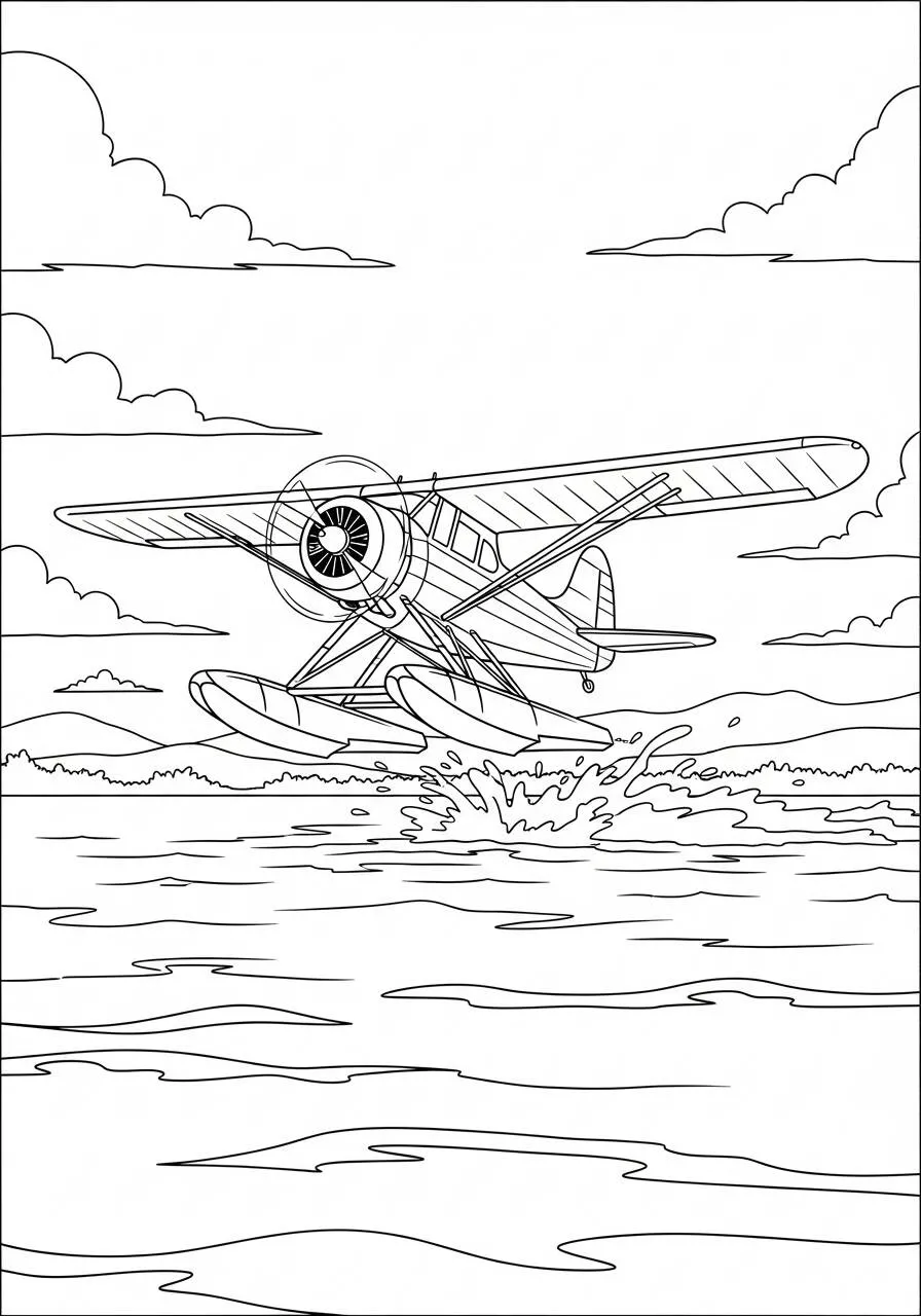 Hidroavión Avión despegando del agua Página para colorear