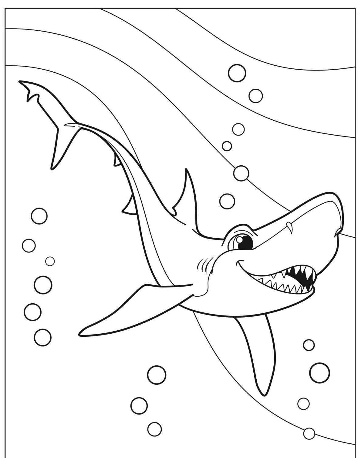 Cheerful Shark Swimming in the Ocean Coloring Page