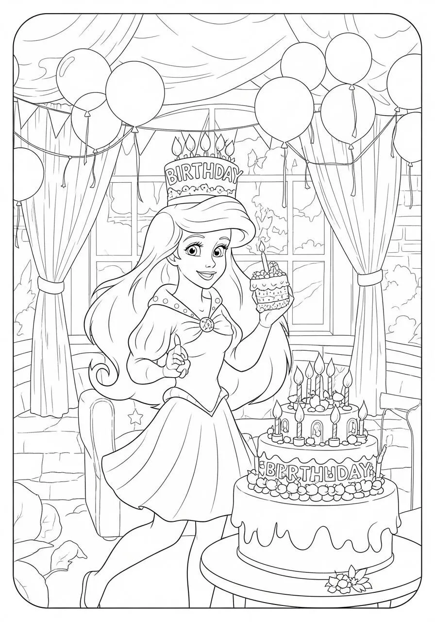 Dibujo para colorear de ariel celebrando su cumpleaños