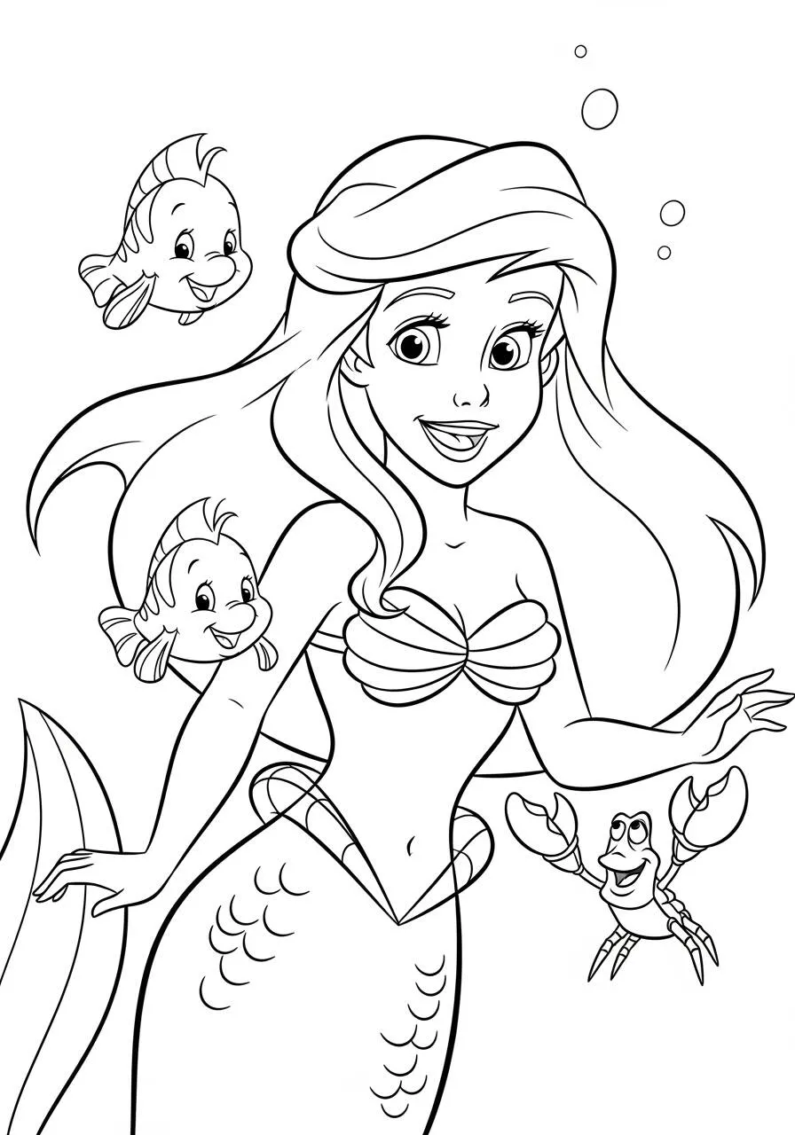 Coloriage Réquin avec Sirène et Poisson