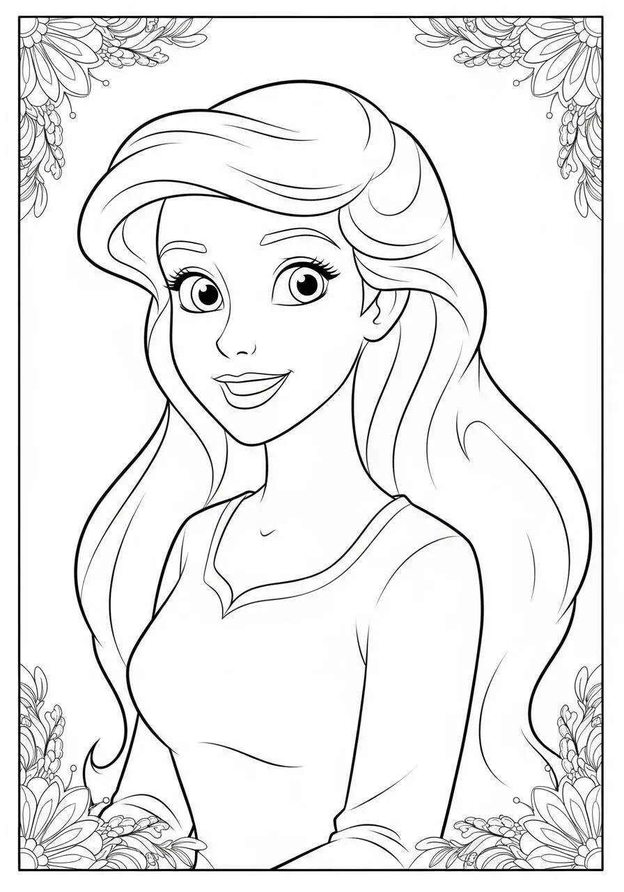 Ariel da colorare con capelli lunghi e fiori