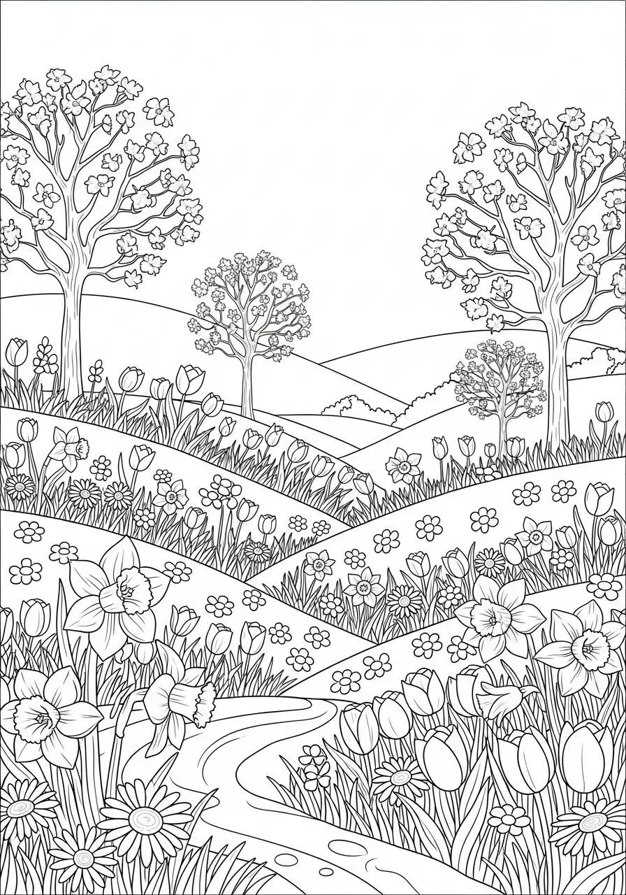 Desenho de Primavera com Campos Floridos e Árvores para Colorir