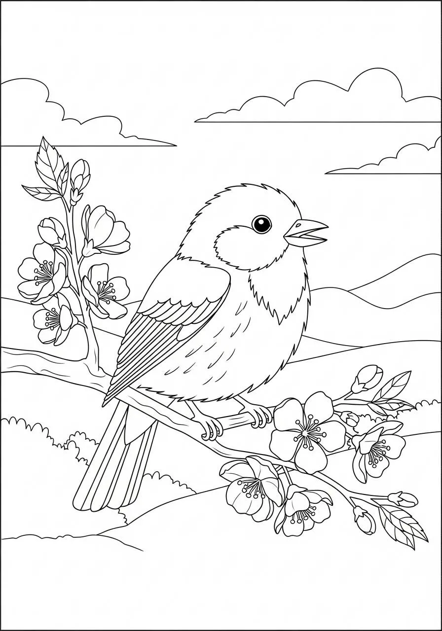 Desenho de Primavera com Pássaro e Flores para Colorir