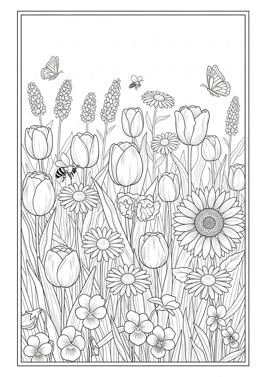 Desenho de Primavera com Flores e Insetos para Colorir