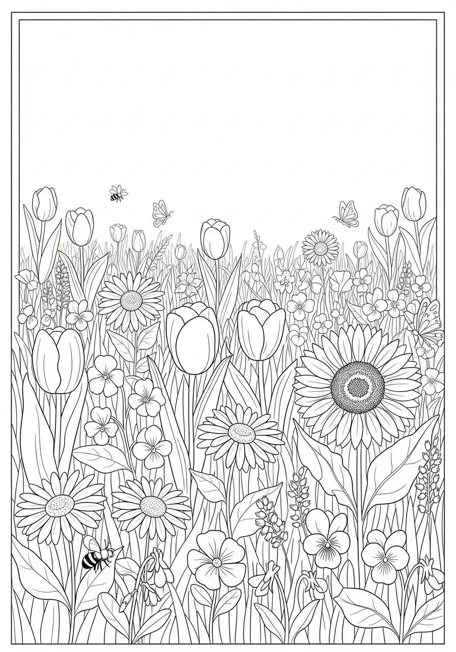 Desenho de Primavera com Flores e Abelhas para Colorir